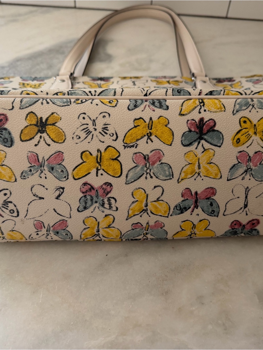 Coach Cream Tote with Yellow and Pale Pink Butterfly Print - Picture 3 of 9